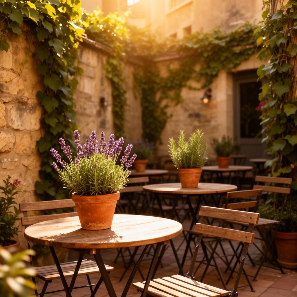 Terrasse provençale ensoleillée avec lavande et romarin